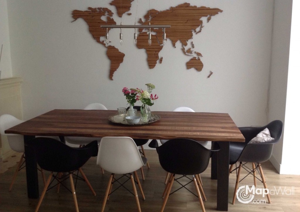 Zebrano wooden world map in dining