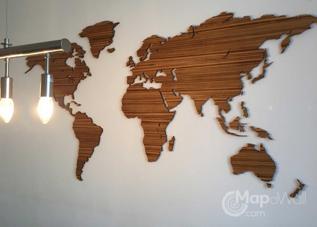 Zebrano wooden world map close-up