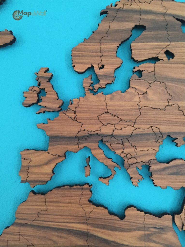 Palisander wooden world map Europe close up