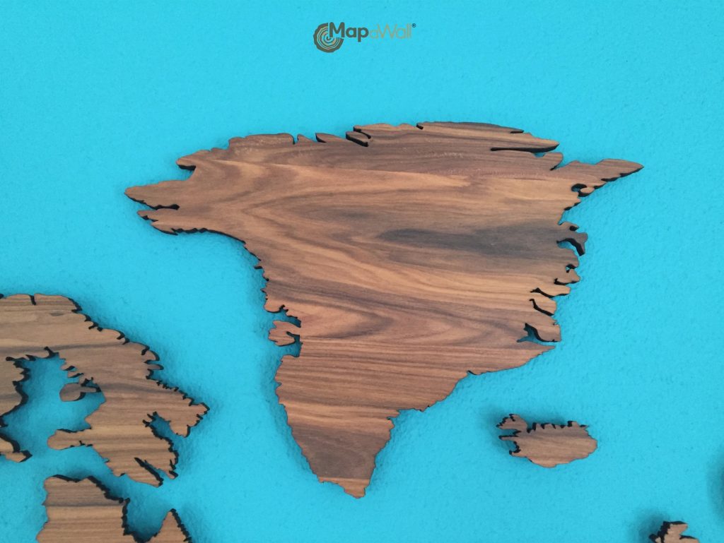 Wooden world map Greenland close up