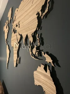 A Zebrano wooden world map made with Zebrano wood.