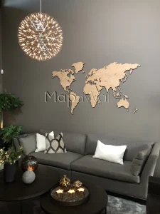 European Oak wooden world map installed on a grey wall