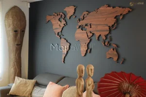Magnetic Rosewood world map on a black wall with small neodymium pin-magnets.