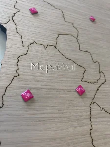 Pink full colour epoxy pins on a Oak wooden world map