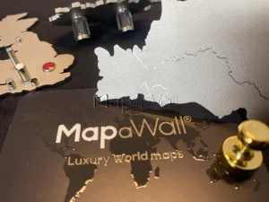 Coloured neodymium pin-magnets stuck on a stainless steel world map